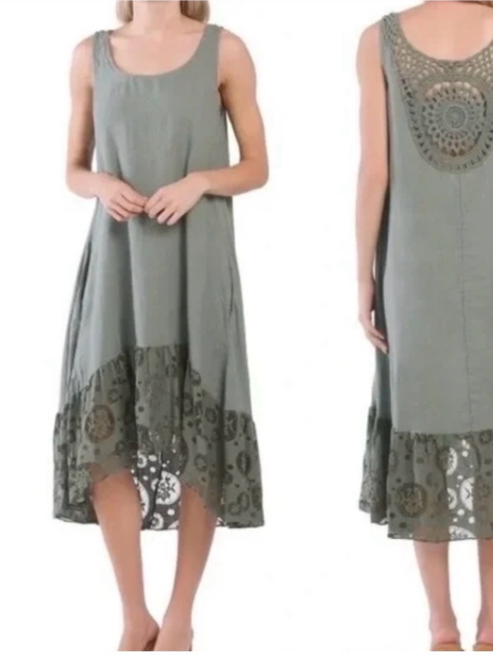 Christina Vergani linen Sleeveless Crochet Back Midi Dress in Sage Green boho
